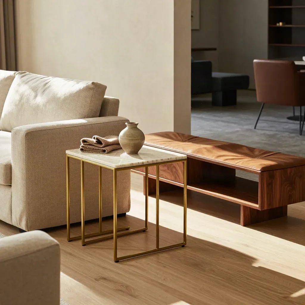 Showroom-style living room layout with sofa, nesting tables, accent chair and storage bench.