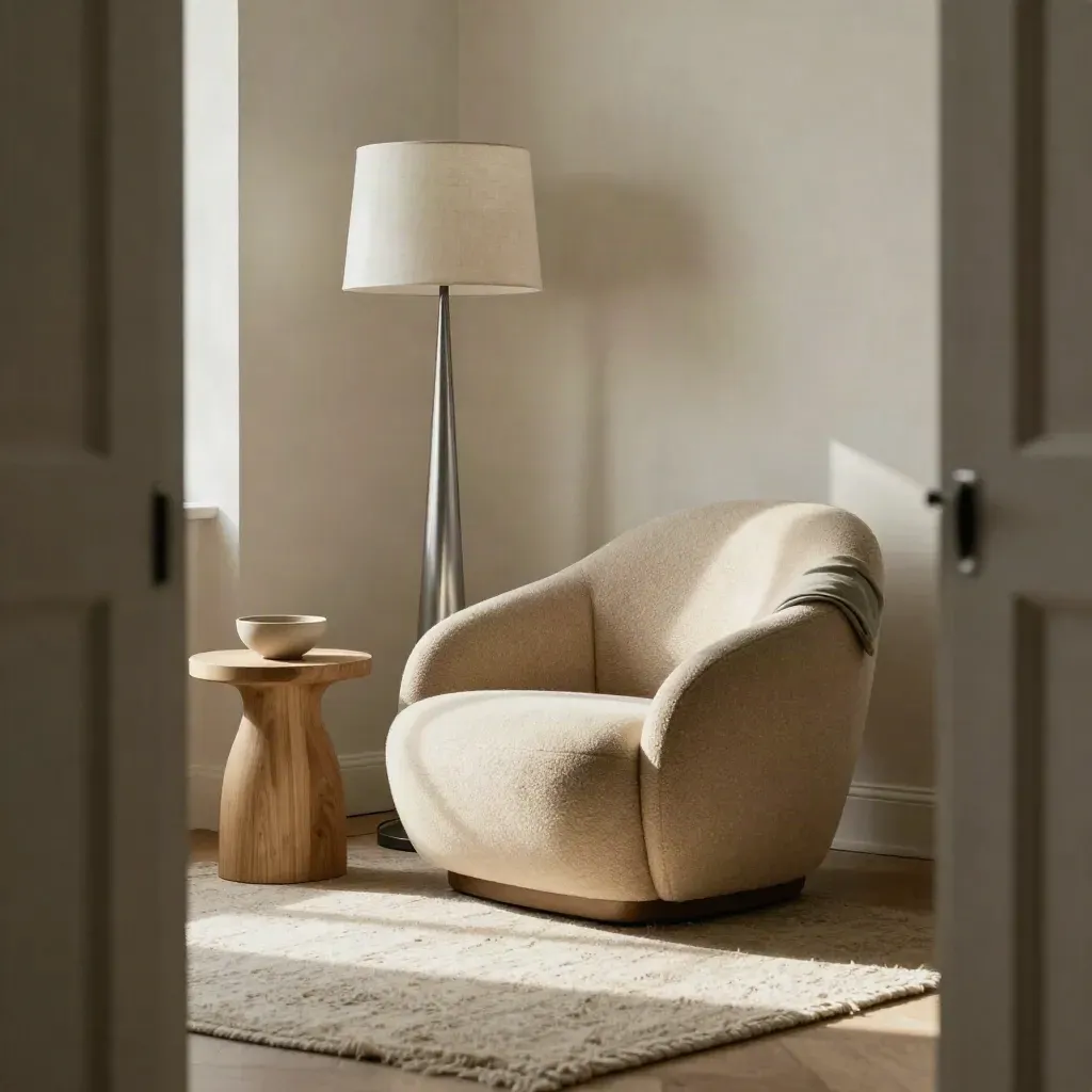 Styled reading nook with curved chair, lamp, side table and rug in soft daylight