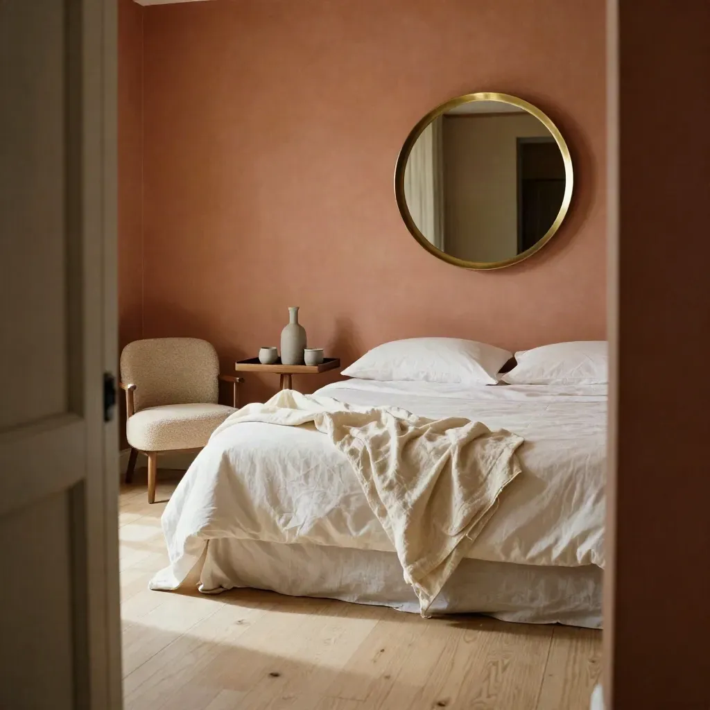 Ready-first-night bedroom with bed, brass mirror, lamp, tray and accent chair.