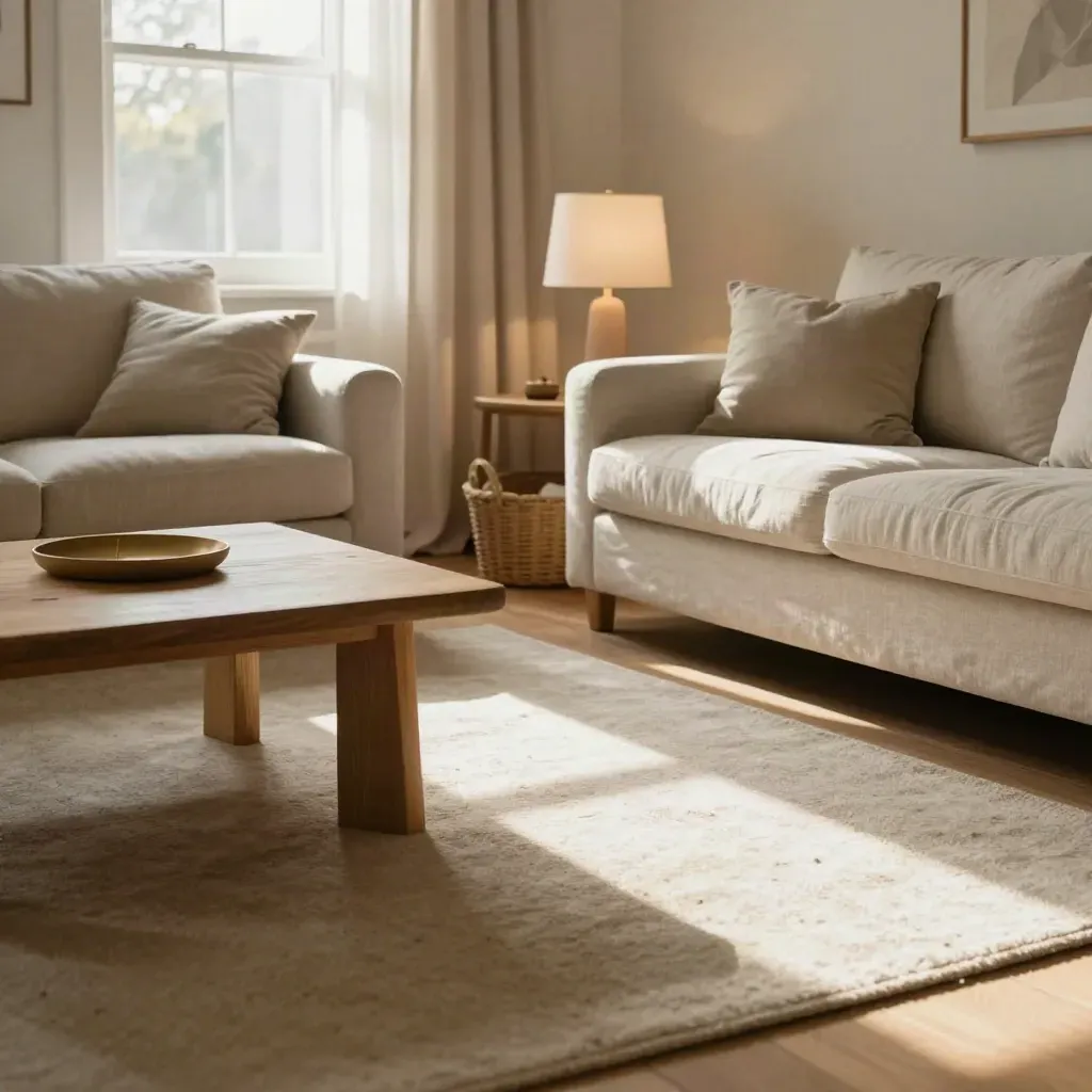 Bright family lounge with pale sofa, lamp glow, and tidy toy basket in late-afternoon light.