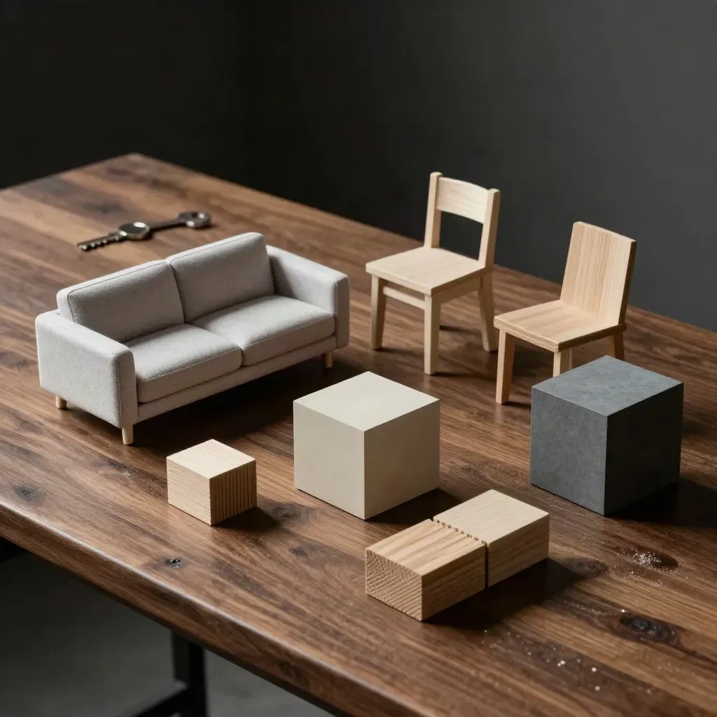 Miniature sofa, chair mockup, cube and oak blocks on a dark workbench