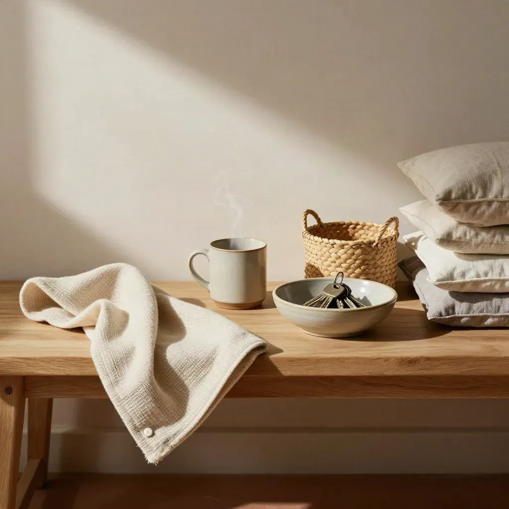 Styled entryway bench with throw, mug, key bowl, basket, and cushions in soft daylight