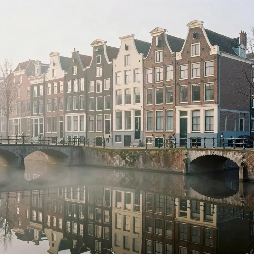 Misty Amsterdam canal houses and low bridges reflected over calm water at dawn.