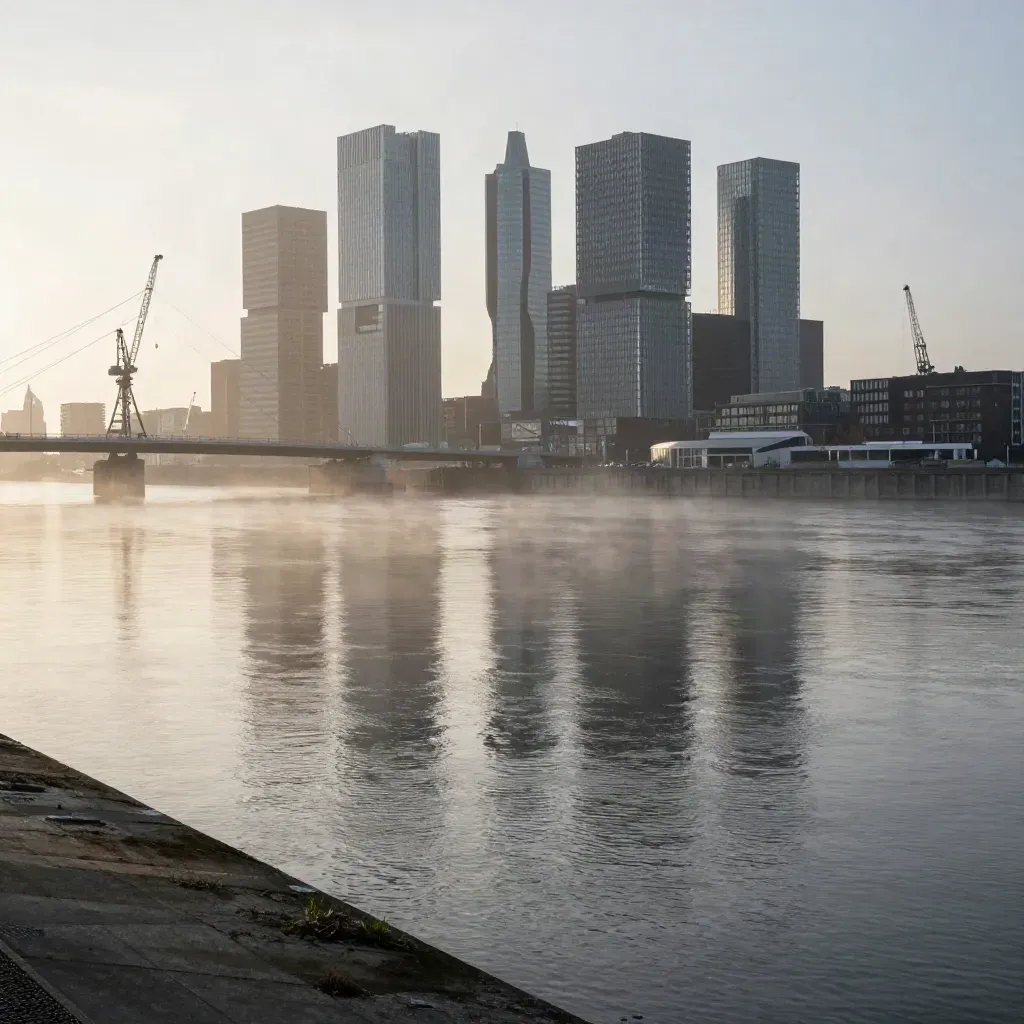 Rotterdam skyline and Erasmus Bridge in mist above calm Maas water at dawn.